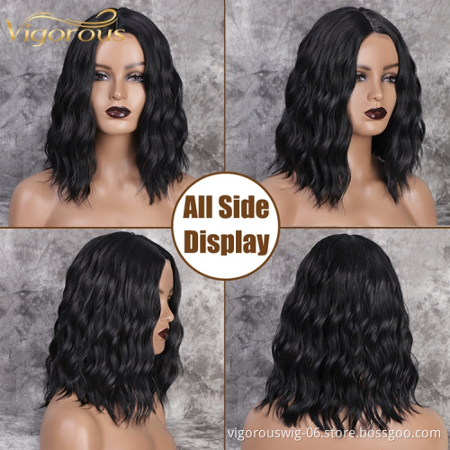Vigorous Top Quality Short Wavy Bob Wigs For Black Women Middle Part Synthetic Lace Black Wigs Wholesale Price